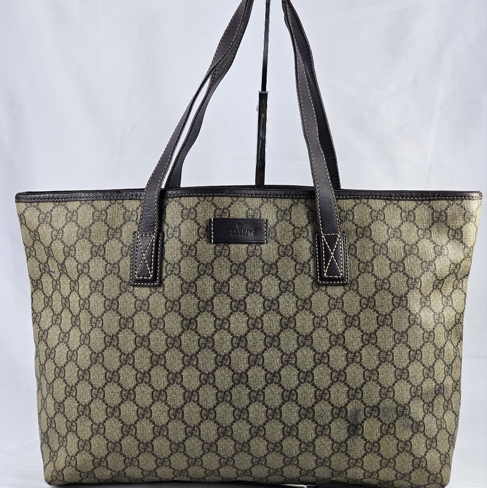 Gucci Brown GG Monogram Tote with Dark Brown Leather Trim